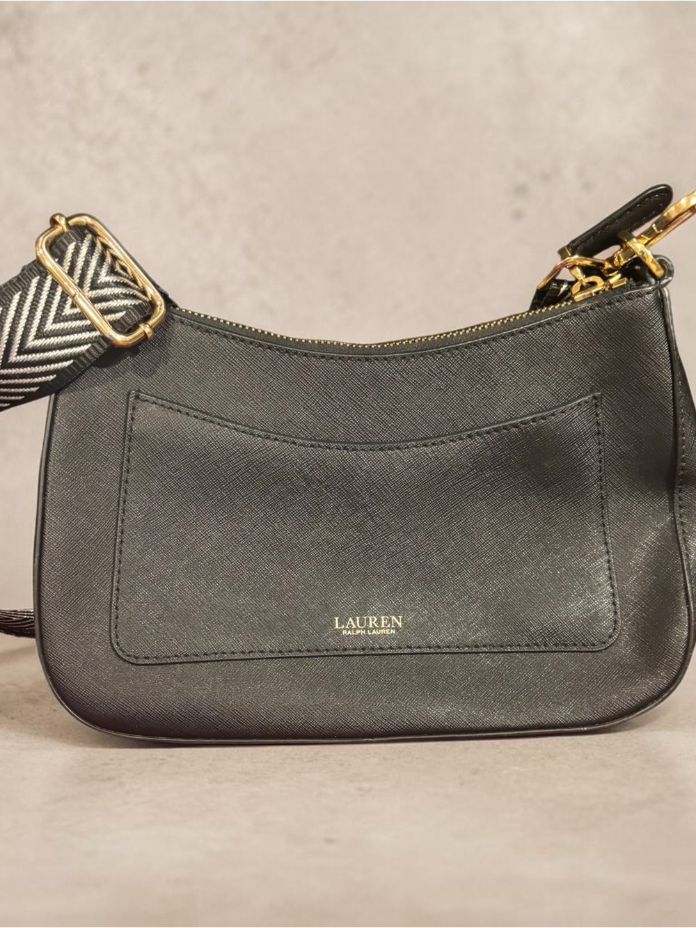 Lauren Ralph Lauren Black Saffiano Shoulder Bag with Patterned Strap